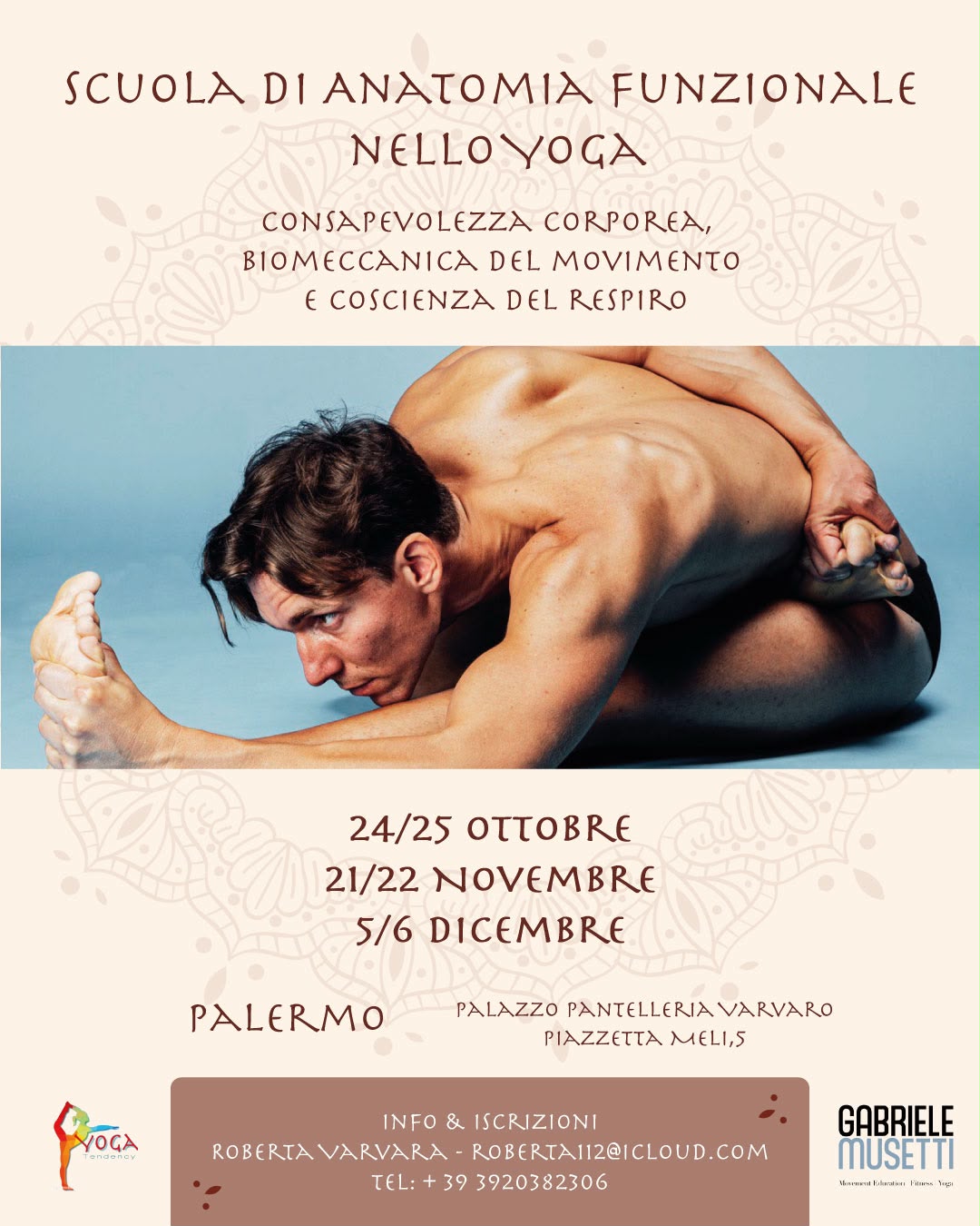 Locandina Scuola di Anatomia Funzionale nello Yoga con Gabriele Musetti a Palermo